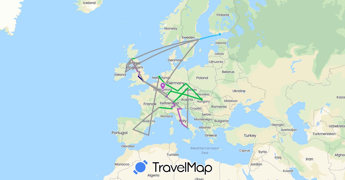 TravelMap itinerary: driving, bus, plane, train, boat in Switzerland, Czech Republic, Germany, Spain, Finland, France, United Kingdom, Hungary, Ireland, Italy, Luxembourg, Netherlands, Sweden, Vatican City (Europe)