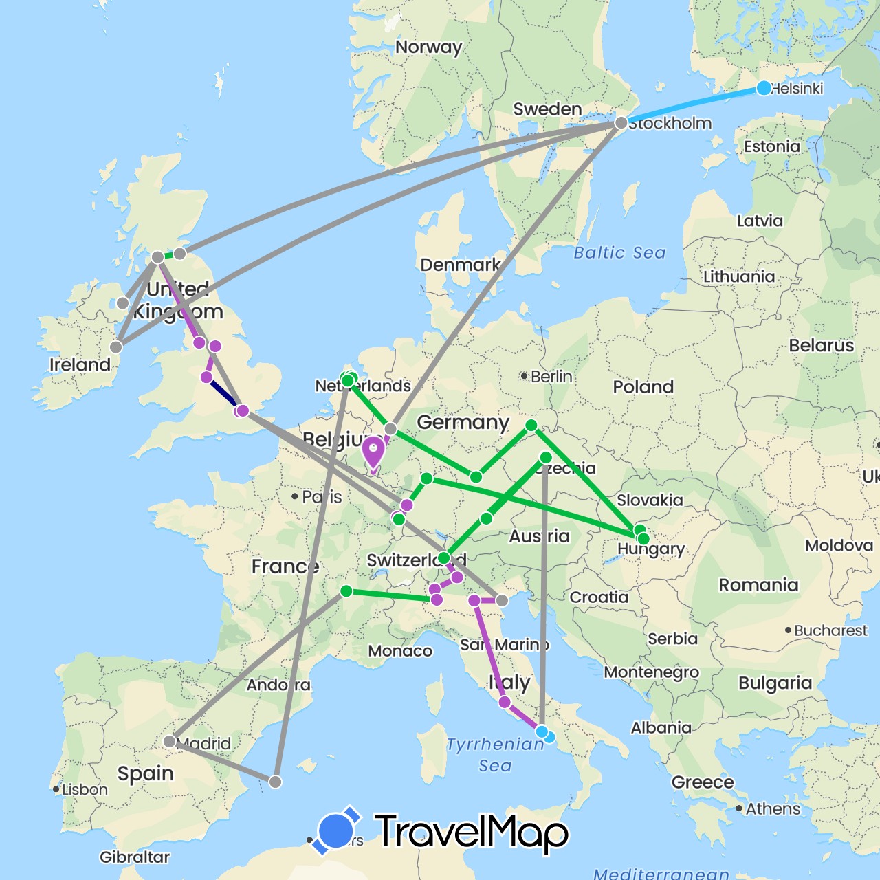 TravelMap itinerary: driving, bus, plane, train, boat in Switzerland, Czech Republic, Germany, Spain, Finland, France, United Kingdom, Hungary, Ireland, Italy, Luxembourg, Netherlands, Sweden, Vatican City (Europe)